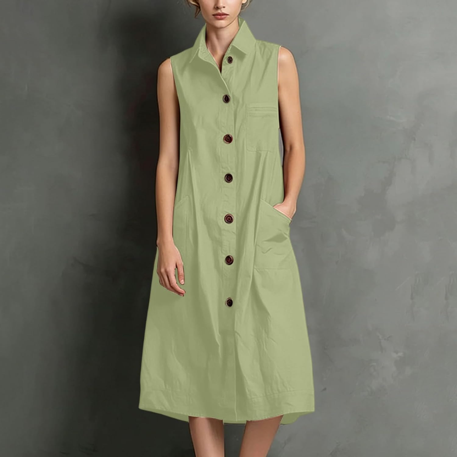 Casual V Neck Collared Maxi Dress for Women Button Down Sleeveless Loose Fit Fashion Summer Dresses with Pockets
