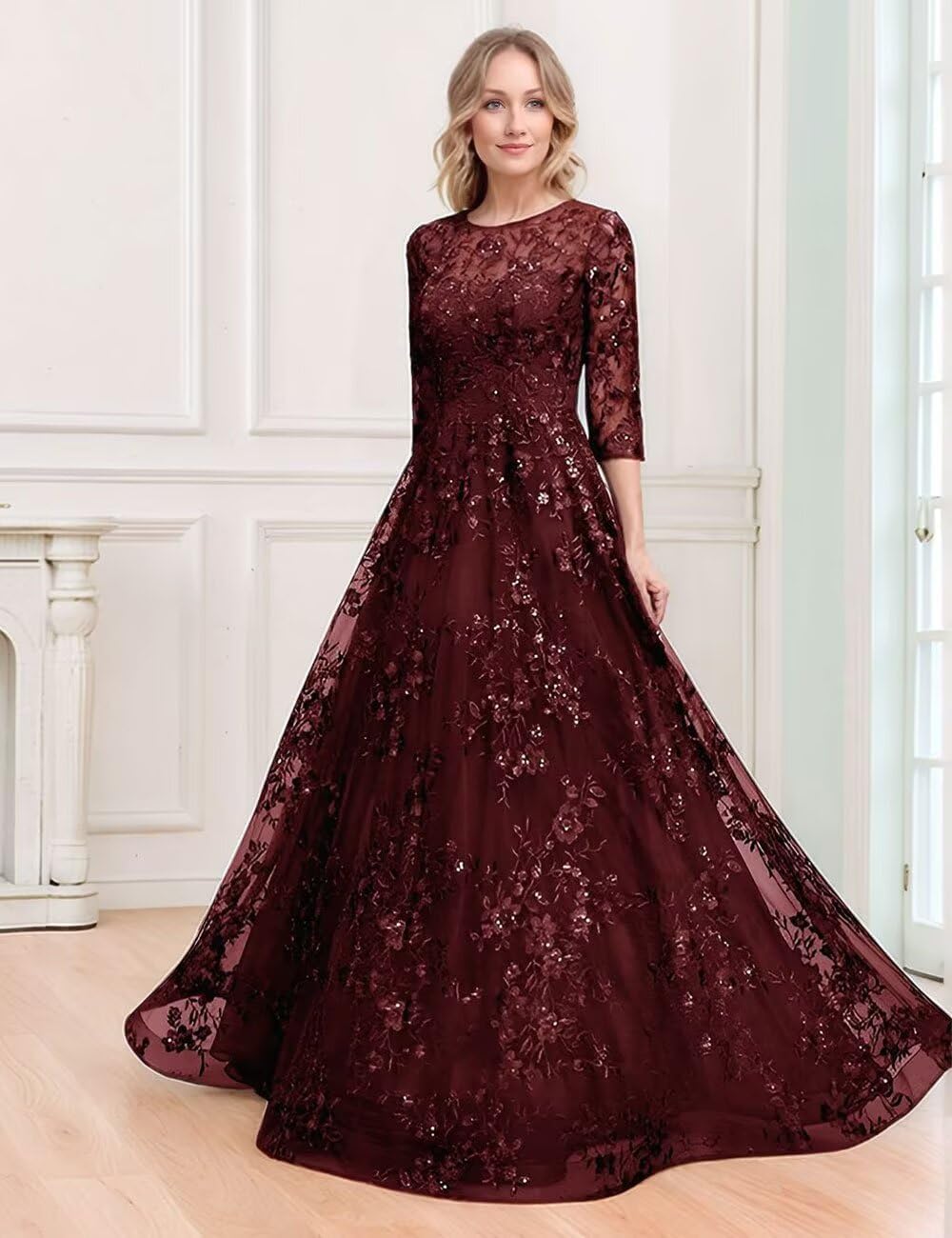 Sequin Lace Mother of The Bride Dresses Sparkly Evening Gown for Women Long Sleeve Prom Dress