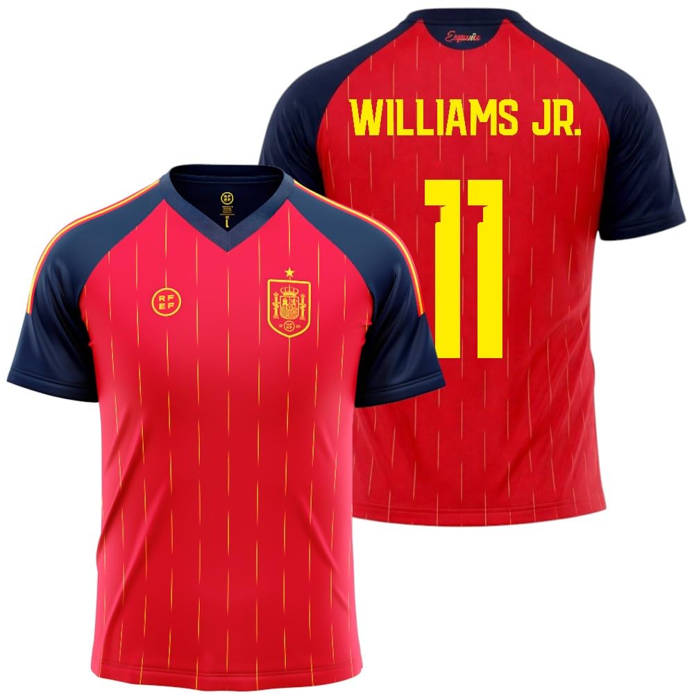 Camiseta España 2026-2028 | Williams Jr. 11 Dorsal y Nombre | Color Rojo con Detalles Azul Marino | Manga Corta | Diseño Futbol Aficionados | Tejido Transpirable Deportivo