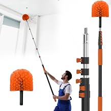 26FT Reach Cobweb Duster with Extension Pole - Spider Web Brush for Cleaning with 5-20FT 4-Section Flip-Lock Telescopic Pole, Effortlessly Cleans High Indoor & Outdoor Webs