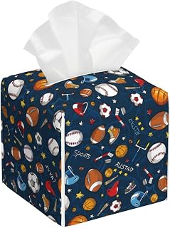 Ball Sports Print Tissue Box Cover,Square Decorative Pu Leather Facial Paper Case Organizer Holder Dispenser for Bathroom,Night Stands,Desk,Car 5.2''X5.2''X5.2''