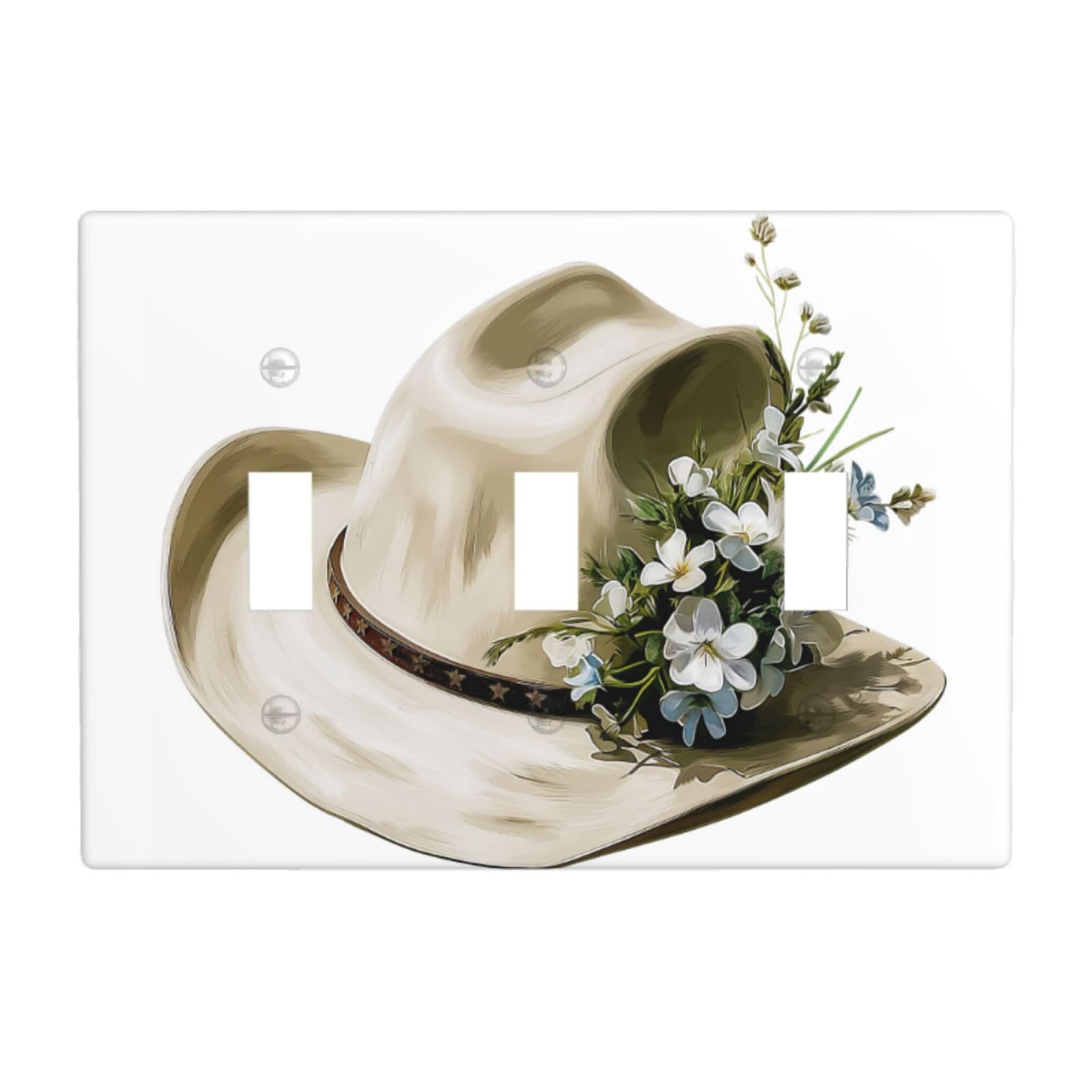 Woshuwo White Cowboy Hat With Blue Wildflower Rustic Light Switch Covers 3 Gang Triple Toggle Wall Plate Switchplate Electrical Faceplate For Bathroom Kitchen Bedroom Decor