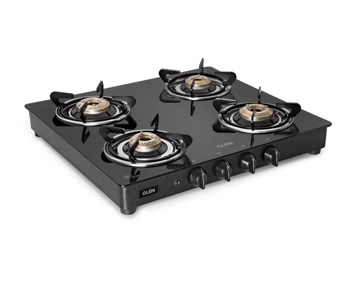 Glen Apex 4 Burner LPG Gas Stove | 6mm Toughened Glass Top | Brass Burners | Auto Ignition | ISI Certified | Drip Trays | Revolving Inlet Nozzle | 2-Year Warranty | CT4B55BLBBAI (Black)