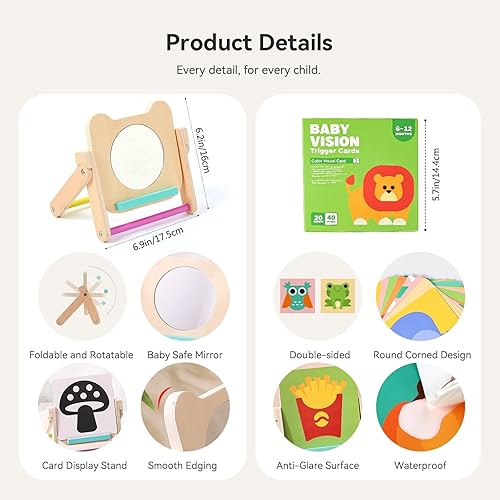 Miniatura 6 de Espejo giratorio seguro para bebés con tarjetas de estimulación visual de 120 páginas, juguetes de espejo de madera para el tiempo boca abajo,
