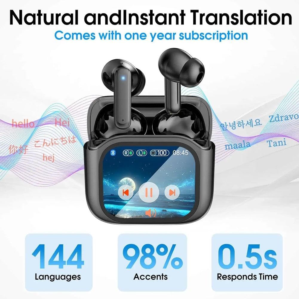 AI Language Translation Earbuds, LCD Touch Screen Real-Time Translator for 144 Languages & Accents Headphones,Translators for Travel Business Learning Translation Device Earphones 1
