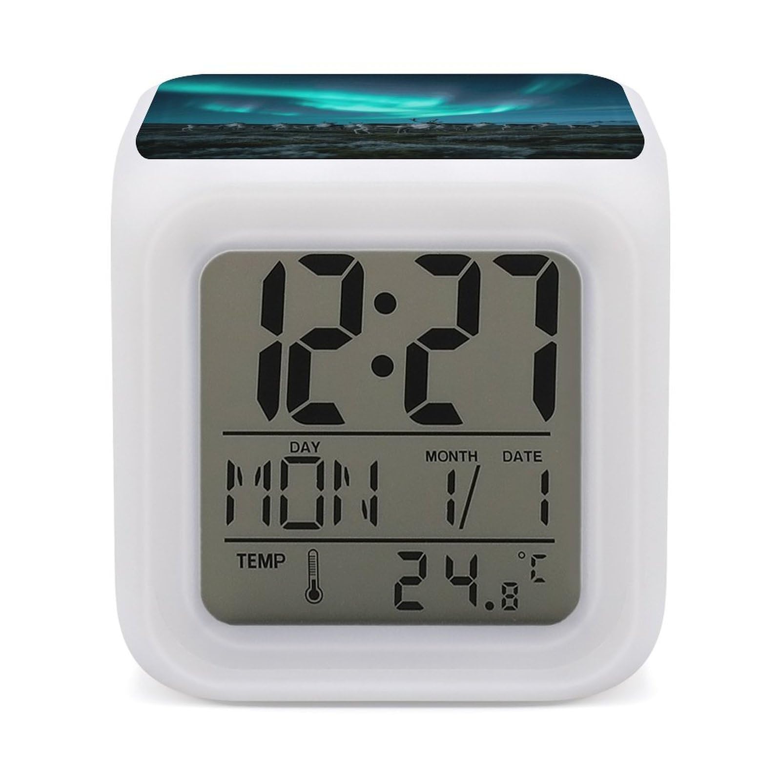 7 Color Ambient Night Light Cube Battery Operated Reindeer_aurora Digital Clock with Snooze Temperature LED Digital Alarm Clocks Dimmable Wake Up Light Portable Mood Lamp for Bedroom Desk Gift