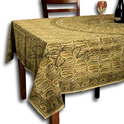 Block Print Tablecloth for Square Tables Cotton Vegetable Dye Floral 60 x 60 inches Square Green