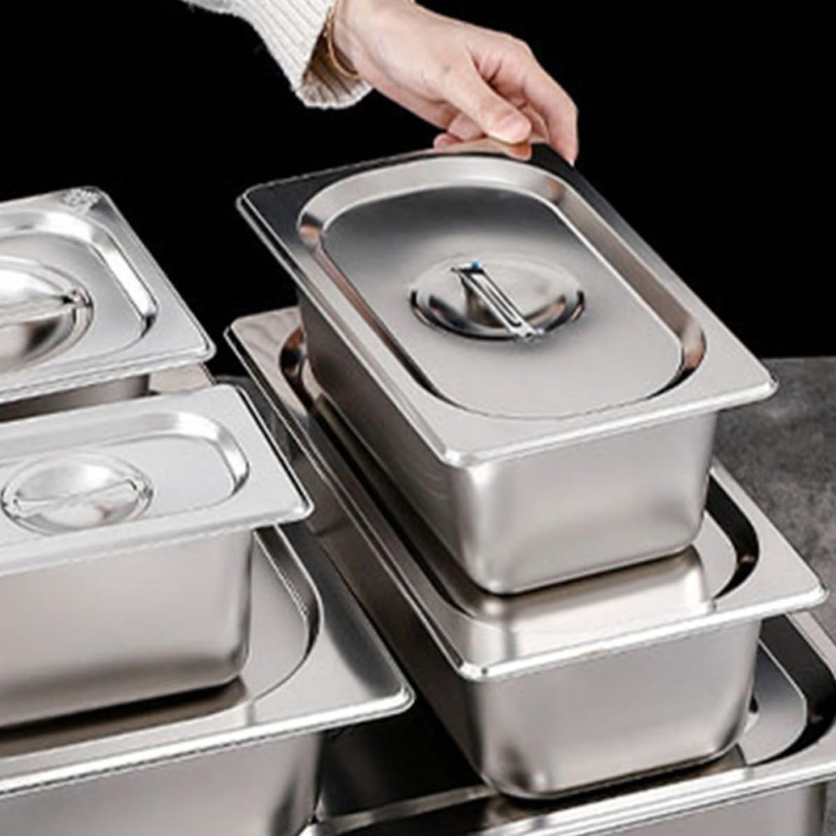 Garneck 2 Satz Edelstahl Buffet Servierplatte Rechteckig mit Deckel, Silber