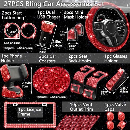 Image of NBTEPEM 27 PCs Red Bling Car Accessories Set for Women, Steering Wheel Covers Universal Fit 15 Inch, Bling License Plate Frame, Bling Phone Holder, Bling Car Coasters (Red Diamond)