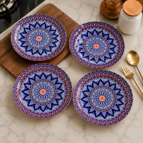 Image of Ceramic Pasta Plate, 20.4 cm Porcelain Dinner Plates, Microwave & Dishwasher Safe, Food Grade Ceramic, Deep Serving Plate for Pasta, Salad, Soup, Curry & Noodles (Mandala Print, Pack of 4)