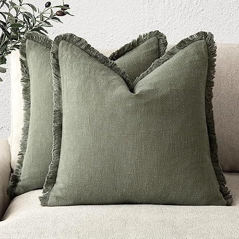 Foindtower Set of 2 Decorative Linen Fringe Throw Pillow Covers Cozy Boho Farmhouse Cushion Cover with Tassels Soft Accent Pillowcase for Couch Sofa Bed Living Room Home Decor,18×18 Inch,Olive Green Cover