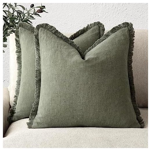 Foindtower Set of 2 Decorative Linen Fringe Throw Pillow Covers Cozy Boho Farmhouse Cushion Cover with Tassels Soft Accent Pillowcase for Couch Sofa Bed Living Room Home Decor,18×18 Inch,Olive Green
