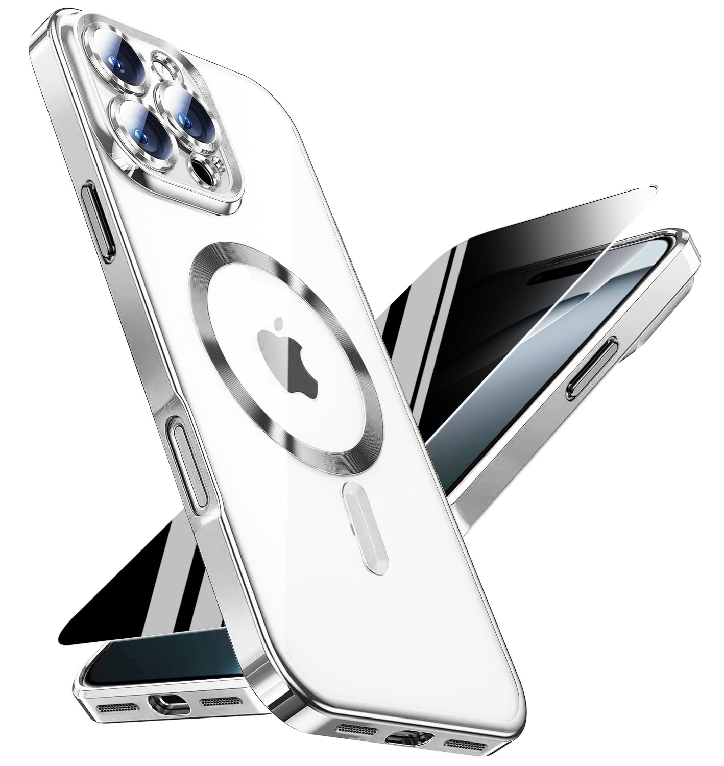Magnetic for iPhone 16 Pro Max Case with Privacy Screen Protector & Full Camera Cover,[Non-Yellowing] Plating Glossy Soft Shockproof Clear Phone Case