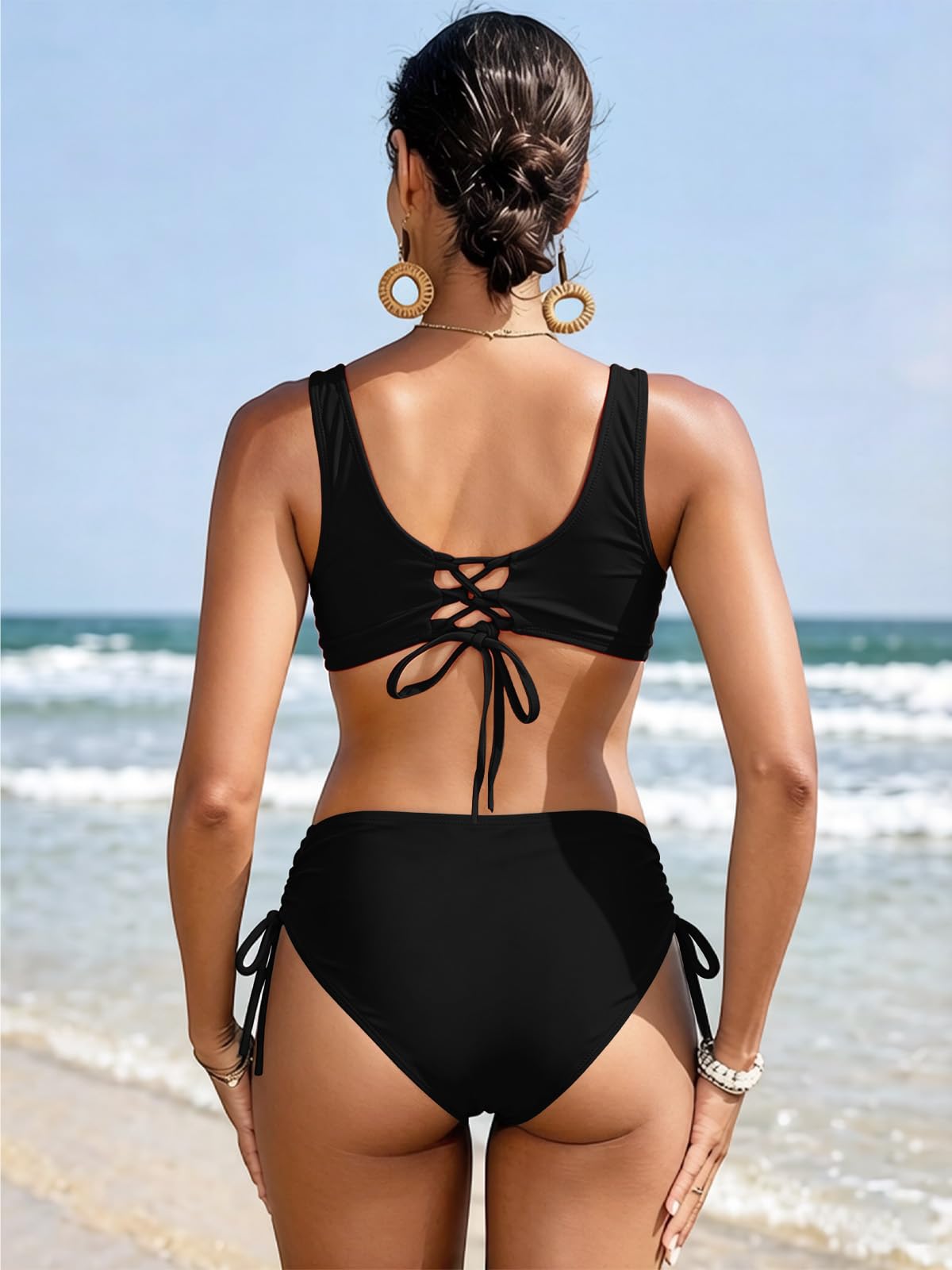 Traje de Baño Bañador de Dos Piezas Cintura Alta Conjunto Bikini 2 Pieza V-Cuello Push up Cordones Bikini Top Control Abdominal Parte Inferior del Bikini
