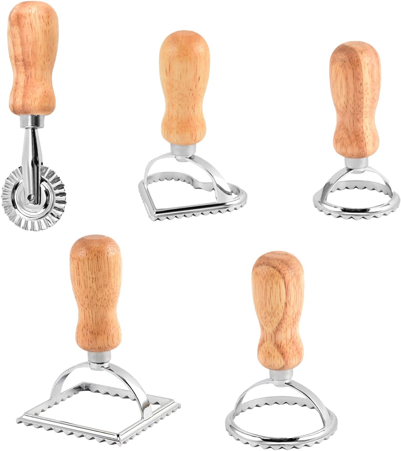 Ravioli Maker Stamp Cutter with Roller Wheel Set, Pasta Maker Mold with Wooden Handle and Fluted Edge, Ravioli Cutter and Press Stamp – for Pasta, Dumplings Lasagna, Pierogi (5 Set with Cutter)