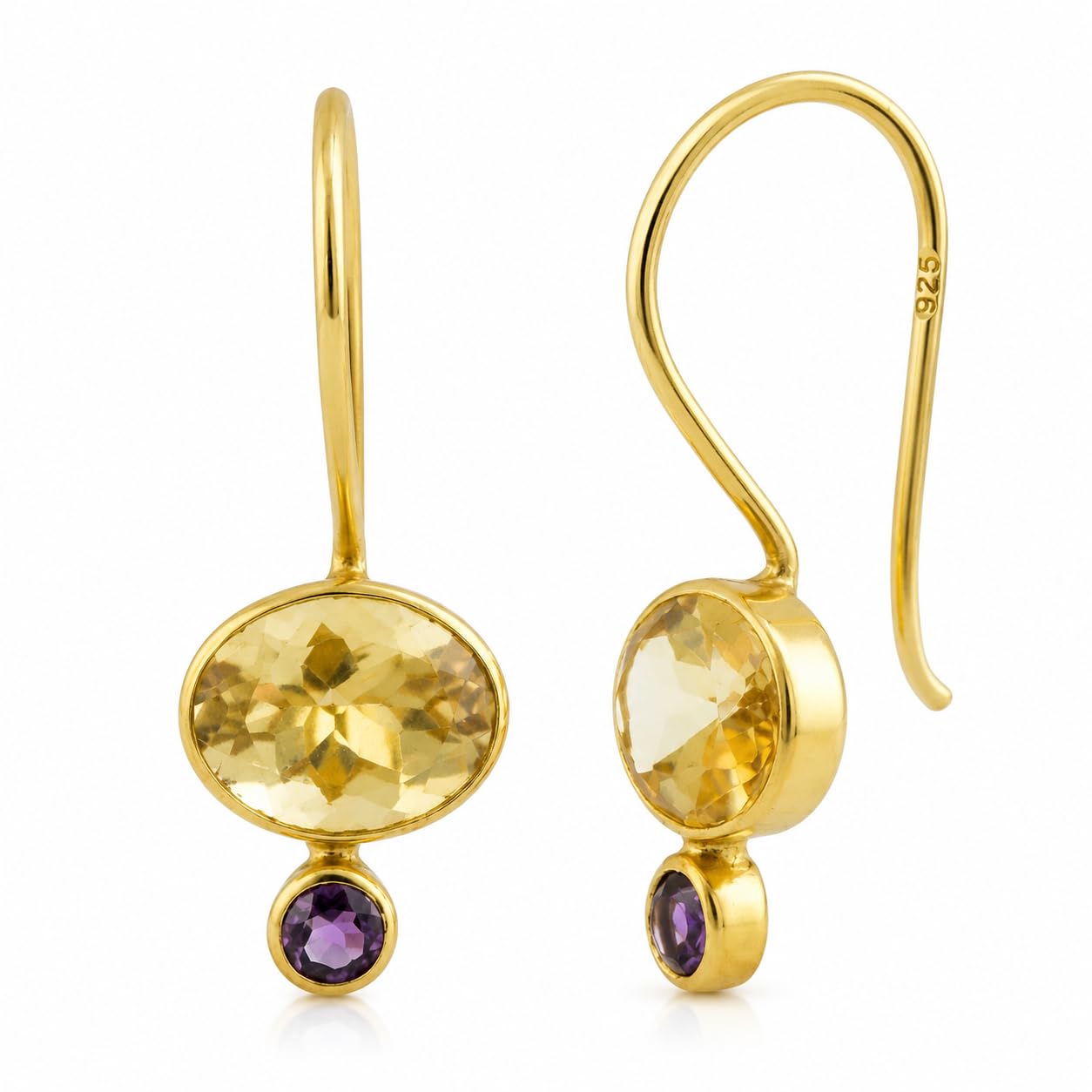 Orecchini in Argento Sterling Placcato Oro con Citrino e Ametista | Gioiello Elegante con Pietre Naturali per Look Raffinati e Luminosi