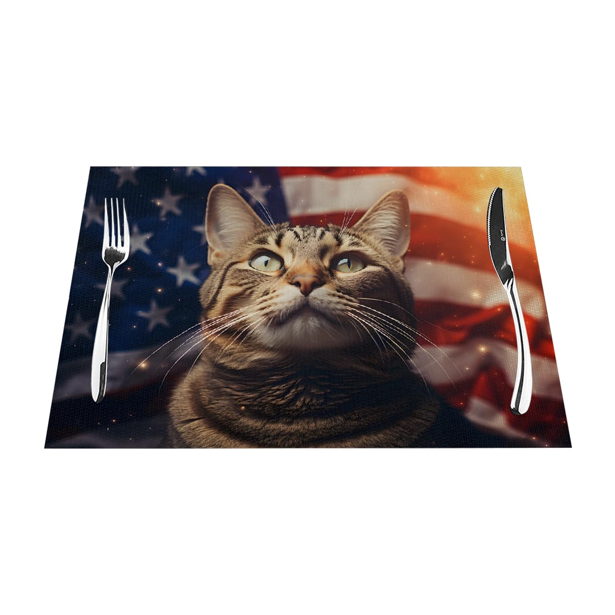 Set di 6 tovagliette con gatto bandiera americana del 4 luglio, lavabili e resistenti al calore, in vinile PVC, per cucina, sala da pranzo, decorazione da tavolo