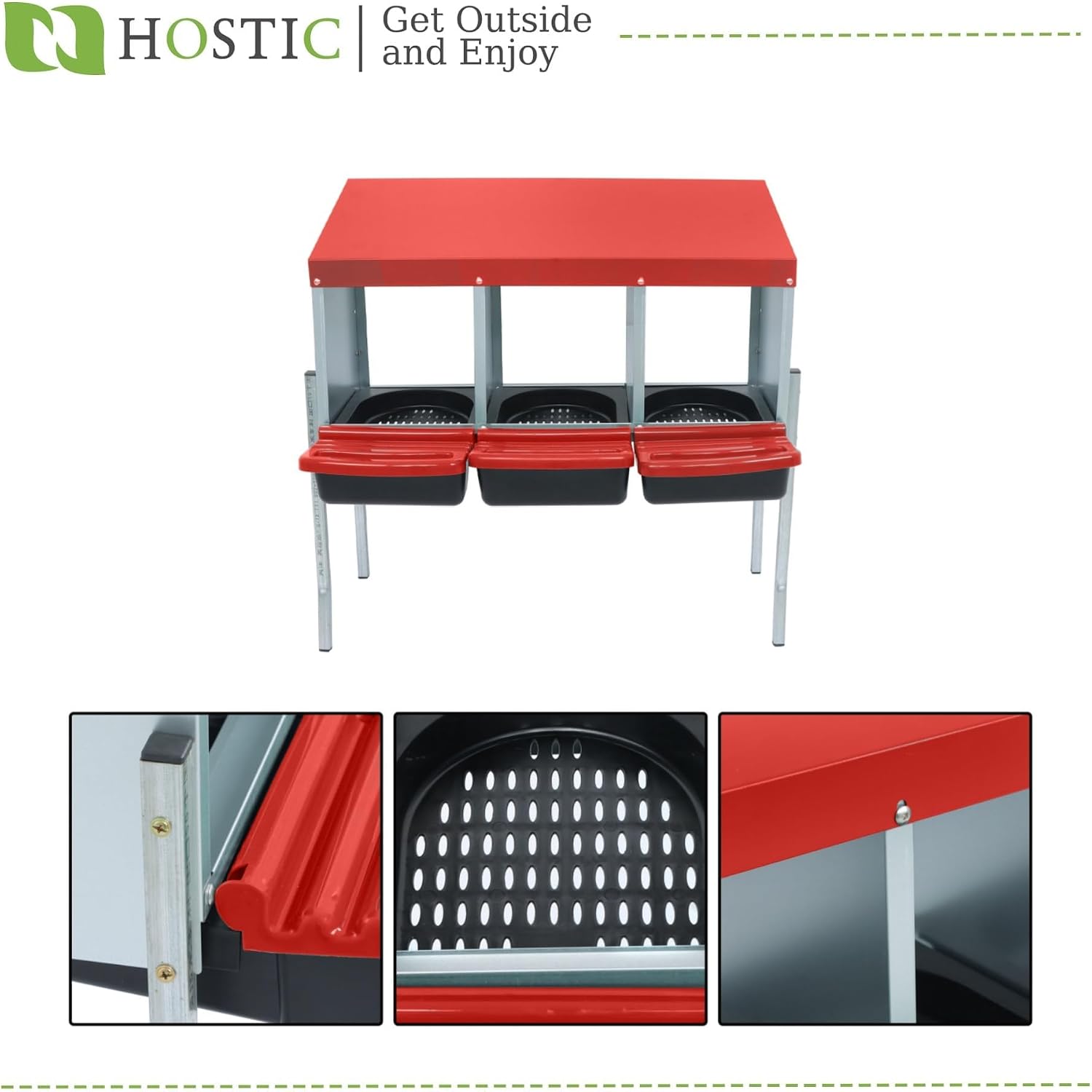 HOSTIC Red Chicken Nesting Box for Laying Egg with 3 Compartment and Metal Legs Chicken Egg Laying Box with Lid Cover