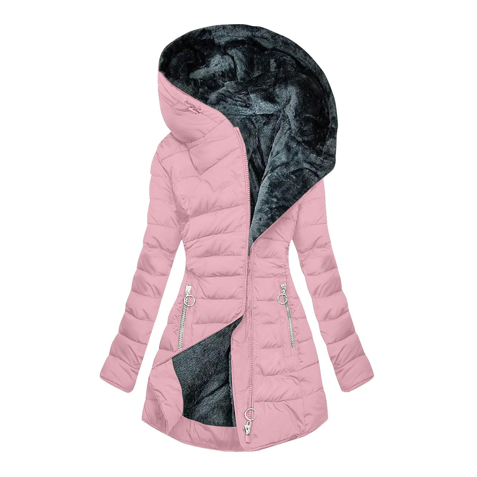 Chaqueta acolchada para mujer con capucha, color sólido, manga larga, impermeable, forro polar, abrigo cálido con bolsillo con cremallera, abrigos acolchados de talla grande, rosa, 3XL