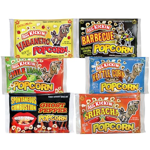 KICKIN' Palomitas de maíz premium para microondas - Paquete de regalo variado (6) - El mejor regalo gourmet picante y sudoroso - ¡Pruébalo si te atreves!