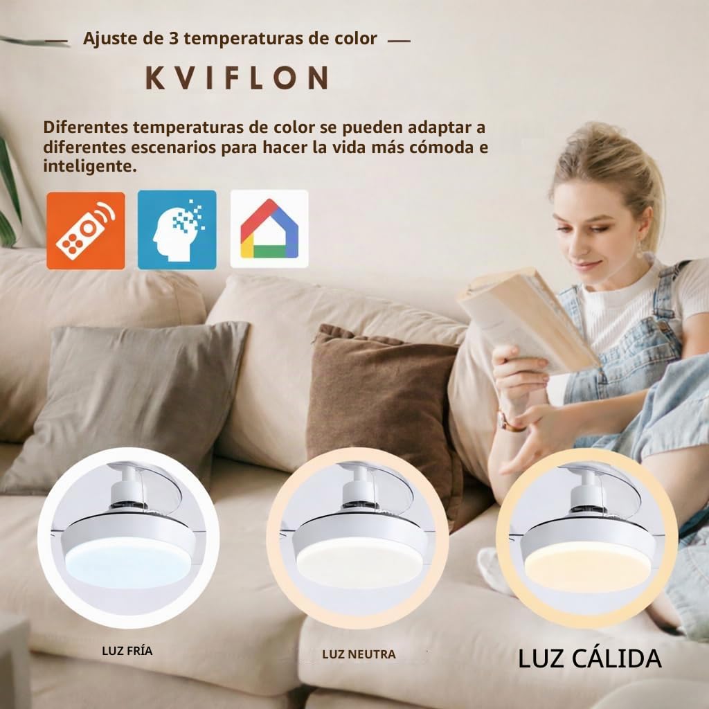 Kviflon Ventilador de Techo con Luz y Mando a Distancia 60cm, Motor DC Reversible y Silencioso, Ventilador sin Aspas con LED Regulable, para Dormitorio o Cocina, Blanco