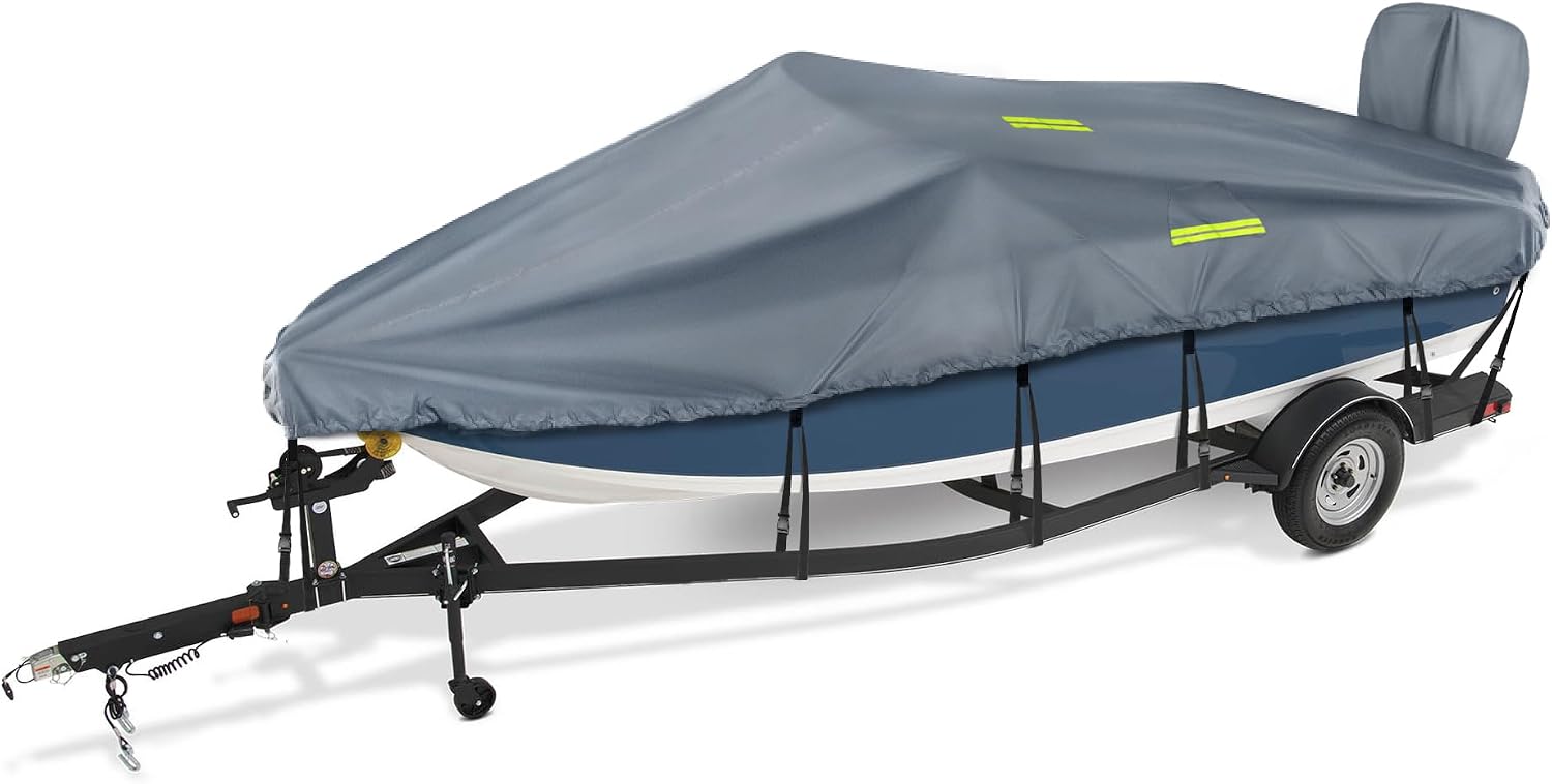 NOOKAT Center Console Boat Cover 17-19ft - 1200D Waterproof Trailerable Cover With Motor Hood & Straps, Gray