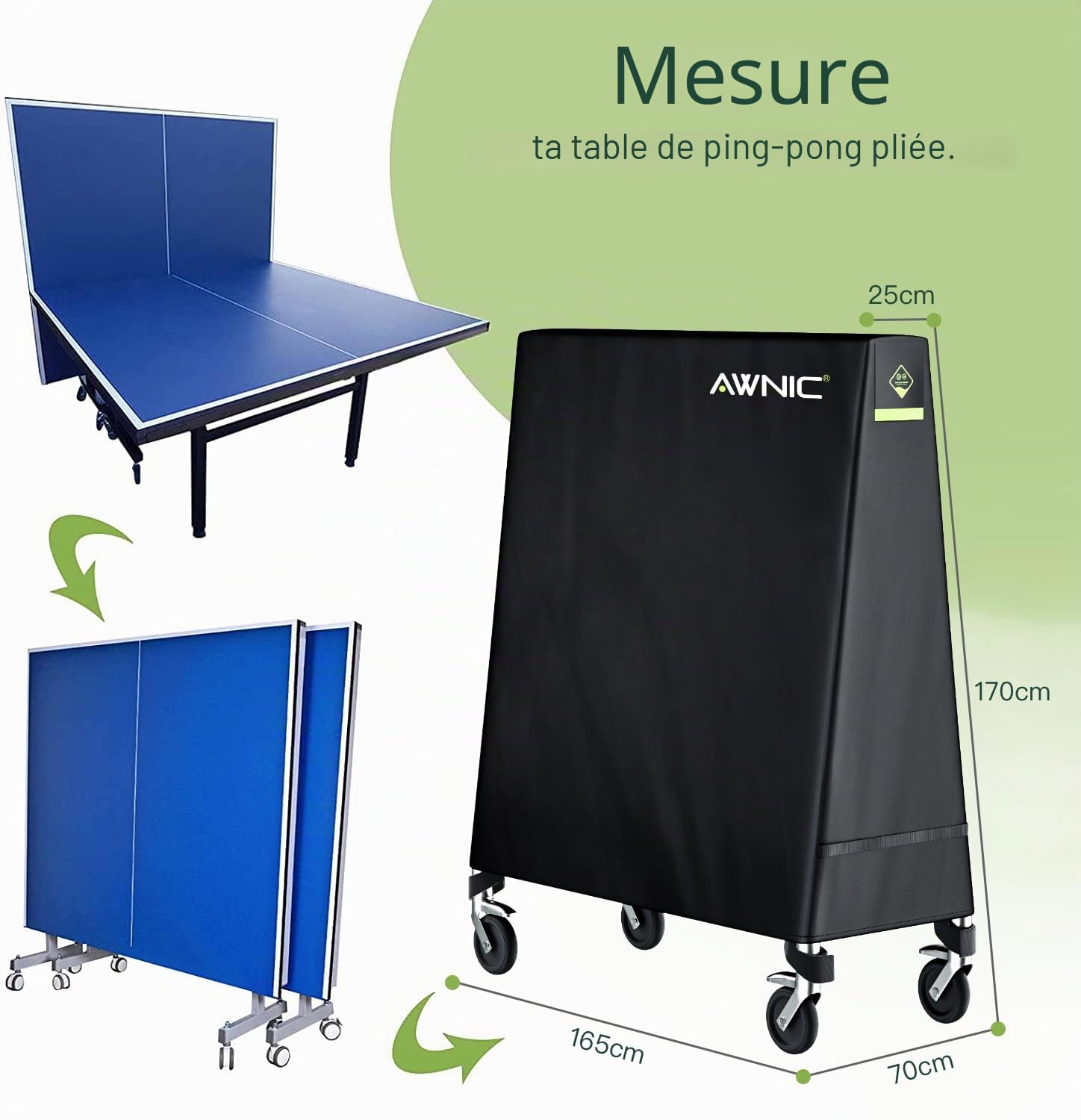 Awnic Housse de ping-Pong pour Table de ping-Pong - Résistant aux déchirures - Imperméable - Coupe-Vent - Résistant aux UV - 165 x (25/70) x 170 cm