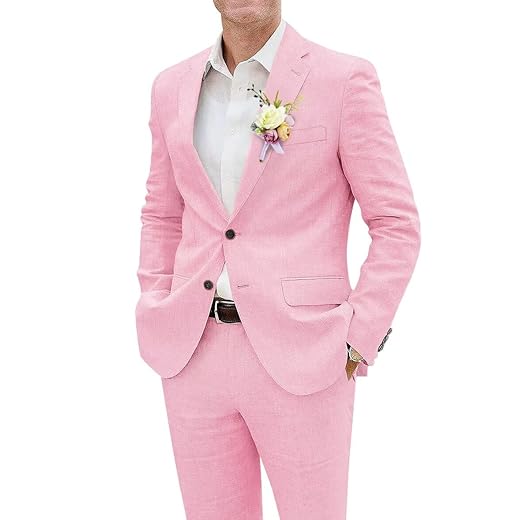 Netsky Terno de linho masculino casual de linho de 2 peças para verão, praia, casamento, formal, negócios, blazer e calça