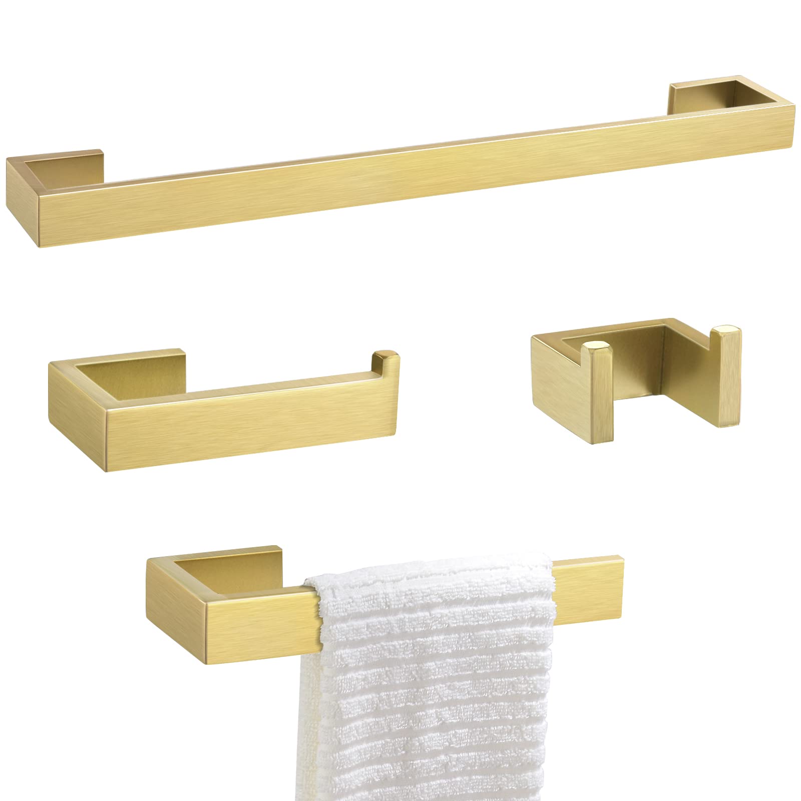 Gold Towel Bar Set 4 Pieces Bathroom Hardware Set Wall Mounted Stainless Steel,Towel Bar+Towel Holder+Towel Hook+Toilet Paper Holder,23.6 inch (missing parts)