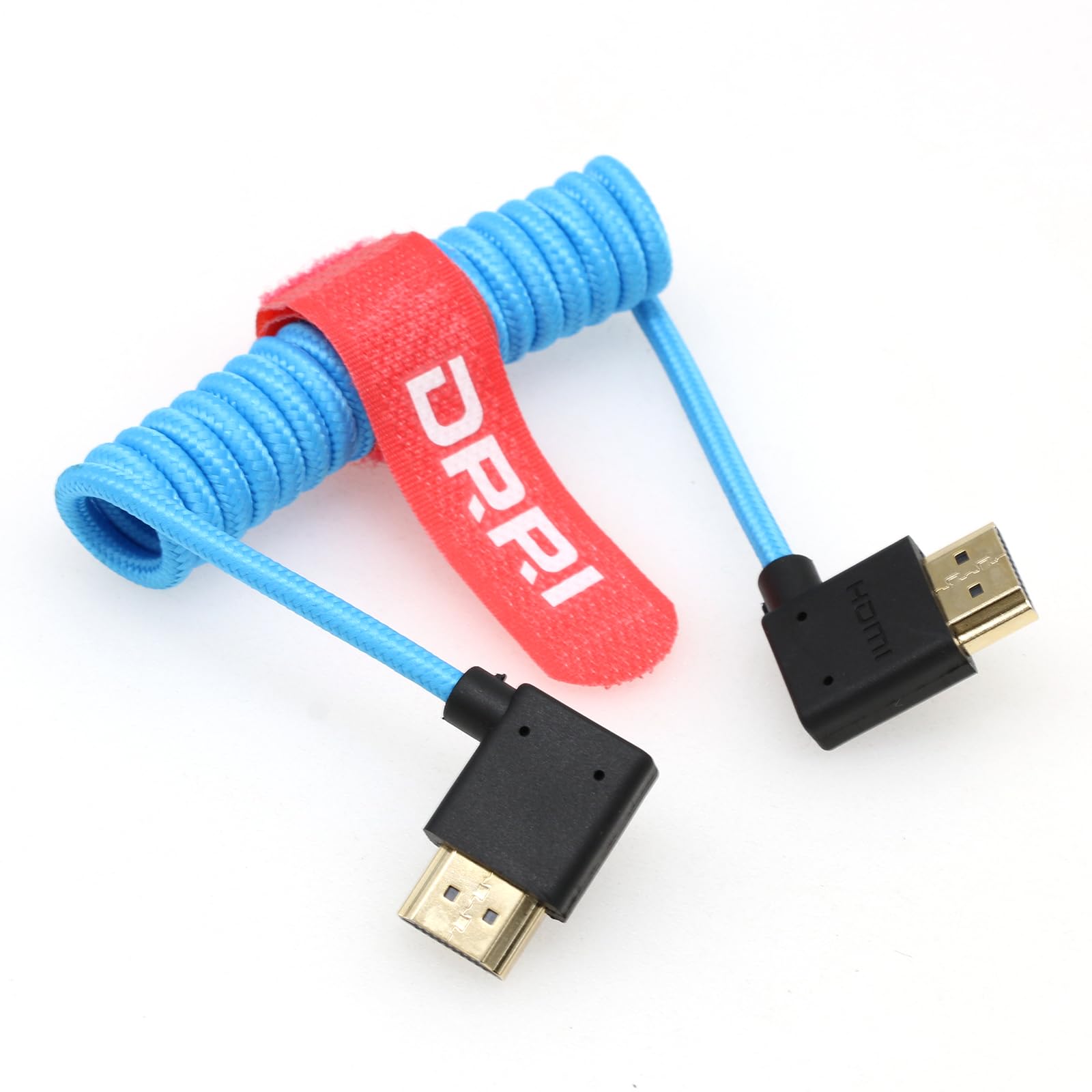 DRRI 8K/60Hz 4K/120Hz 48Gbps Right Angle HDMI to left angle HDMI Coiled Braided Blue Cable for Sony FX3 A7iv Canon C200 C300 C500 C70 to Portkeys LH5H monitor