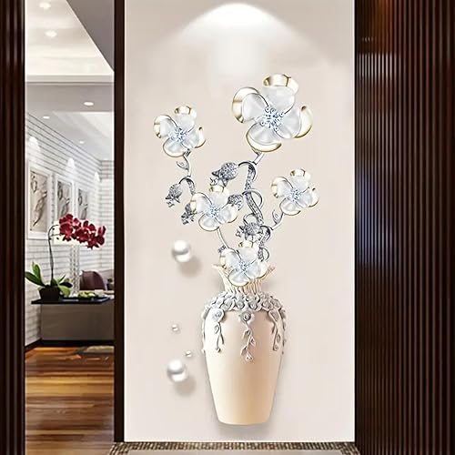 Miniatura 8 de Kingarch Calcomanías de pared 3D con diseño de florero y flores, estilo chino, clásico, floral, perlas, removibles, murales, decoración artística de
