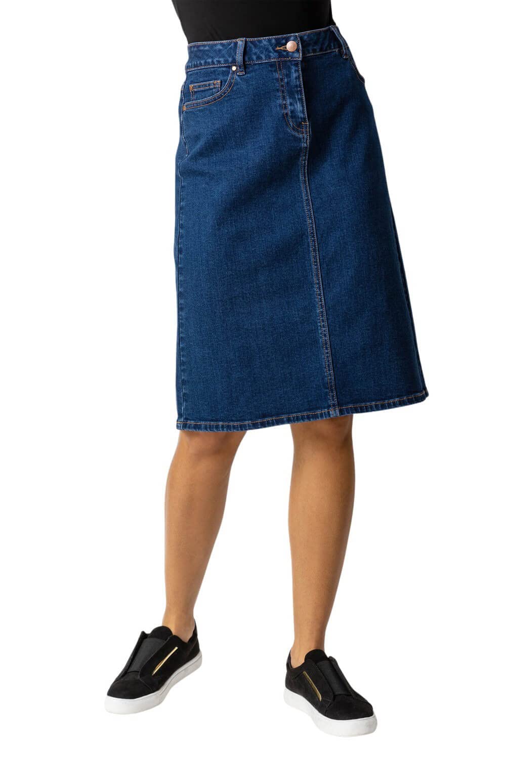 Roman OriginalsDenim Skirt with Pockets for Women UK - Ladies Jean Skirts Cotton Stretch Mid Wash Fitted A Line Casual Smart Work Office Knee Length Flattering Slimming