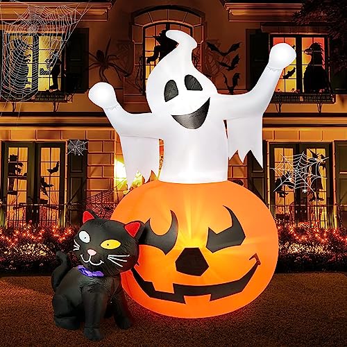 5 FT Halloween Inflatables Outdoor Spooky Pumpkin and Witch' s Black Cat Combo Inflatable Decor,...