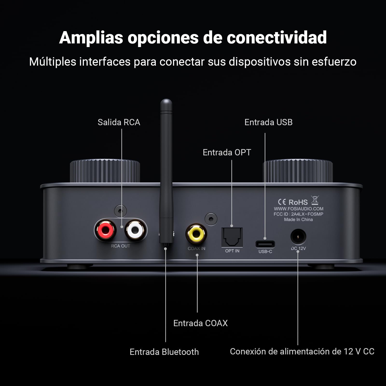 Fosi Audio K7 DAC Amplificador de Auriculares, Convertidor de Audio Digital a Analógico USB C de Escritorio para Espacio de Trabajo y Juegos PC PS5, OPT/COA/Bluetooth aptX HD LL/Entrada (Negro)