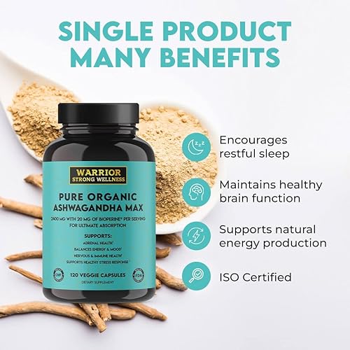Miniatura 4 de Cápsulas orgánicas puras de Ashwagandha con bioperina - 2400 mg - 120 cápsulas - Respuesta saludable al estrés y aumento del estado de ánimo, salud