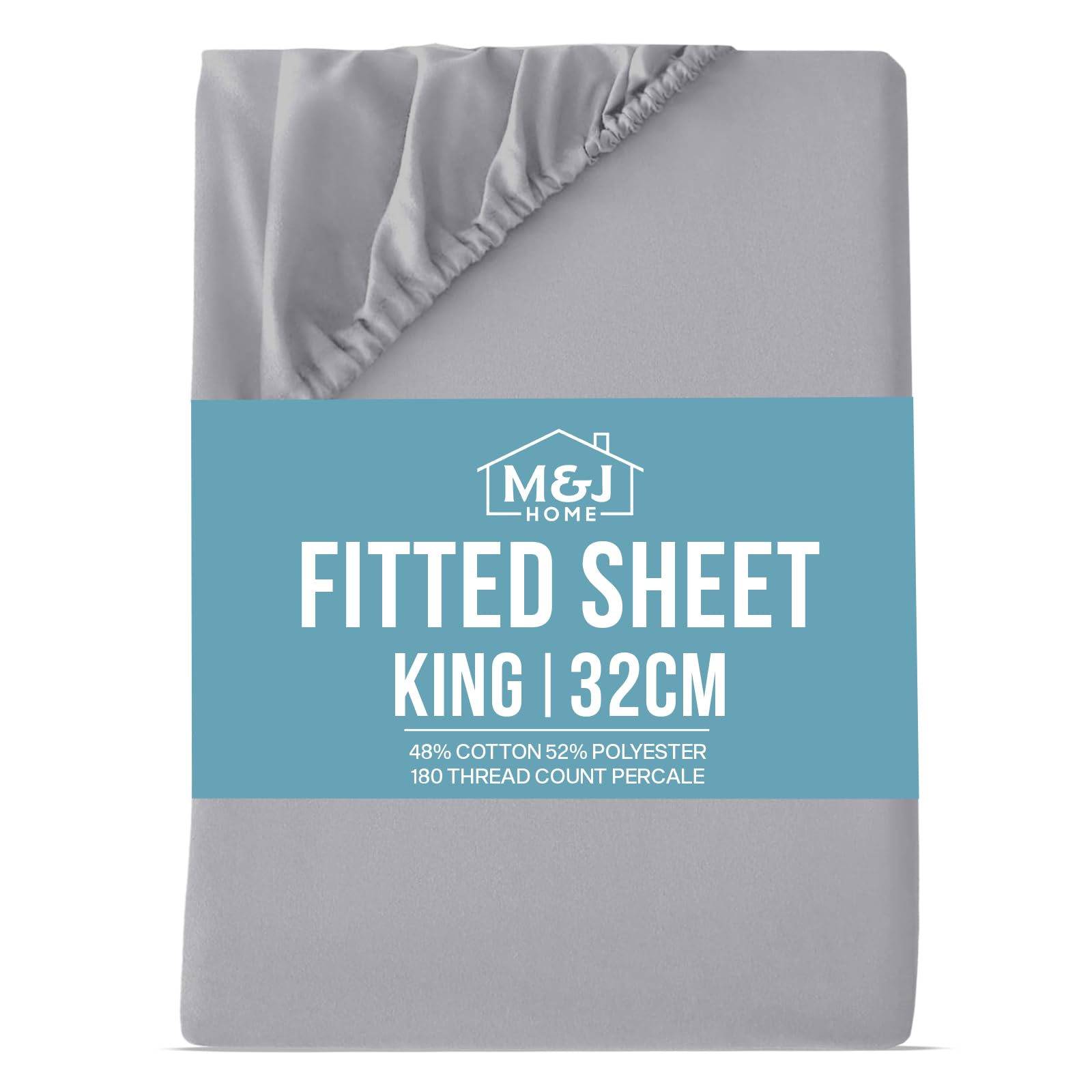 M&J Home King Bed Deep Fitted Sheet Grey - Extra Deep Pocket 32cm (12.5 inch) - 180 Thread Count Percale - 48% Cotton 52% Polyester - Crisp Breathable Comfort - Machine Washable