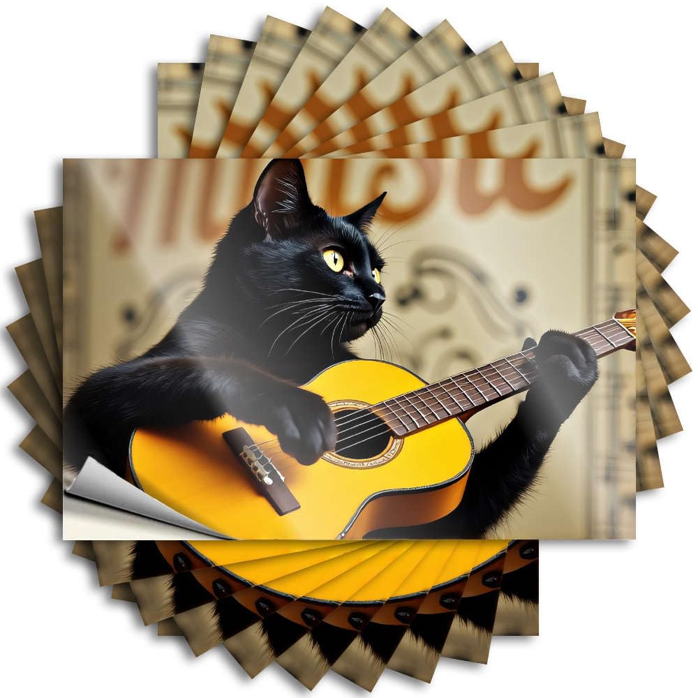 Fzfn Colour Tiki Decal Cover | A Black Cat Playing An Acoustic Guitar. Vintage Humor Sticker Pack(12X18cm)