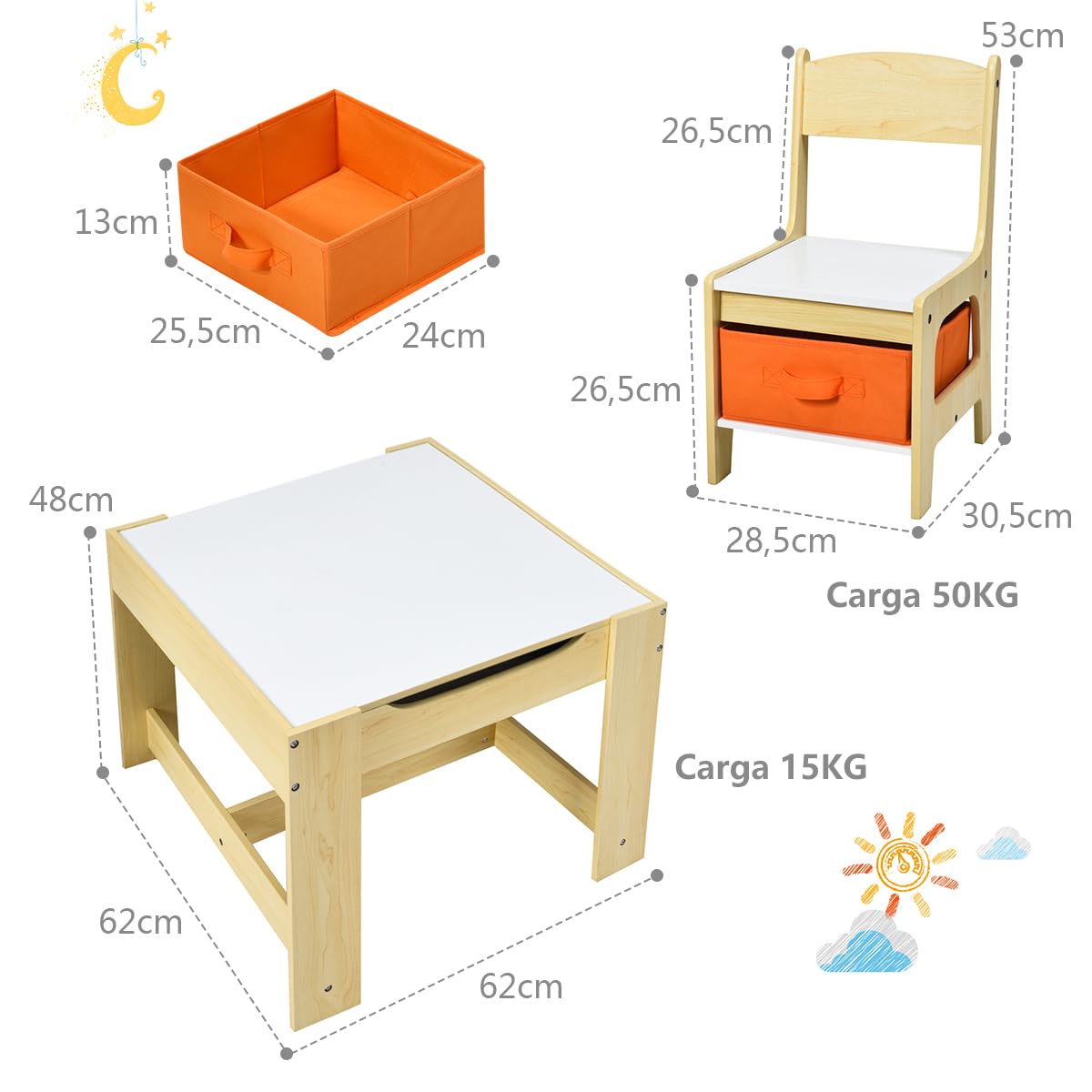 GOPLUS Juego de Mesa y 2 Sillas Infantil 3 en 1, Grupo de Asientos y Escritorio con Pizarra para Niños, Mueble Infantil con Cajon de Almacenamiento Que Ahorra Espacio, Madera, Naranja (Naranja)