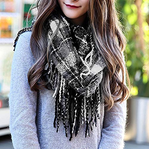 Womens Winter Plaid Infinity Scarf Warm Tassel Circle Loop Scarves & Knit Fall Scarfs For Women(03 Black+White) #TOP4