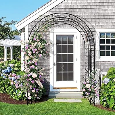 WISLAS 7FT Heavy Duty Steel Garden Arbor with Side Garden Trellis, Rust-Resistant Powder Coated Wedding Arch Archway for Backyard, Vine Plants & Outdoor Decor - Includes Ground Stakes & Easy Assembly