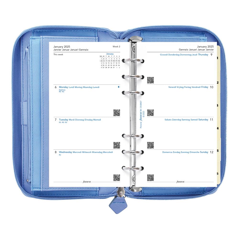 Filofax Agenda settimanale 202592-25 in saffiano con cerniera, formato compatto e personale, con vista settimanale, colore blu a grana incrociata, effetto pelle, 6 anelli