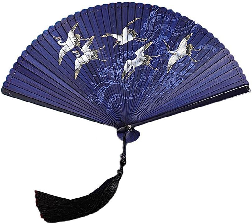 Folding Fan Chinese Style Bamboo Hand Fan, Ladies Craft Crane Folding Fan Gift Craft Tassel Folding Fan Home Ceremony Decorative Folding Fan (Color: B)