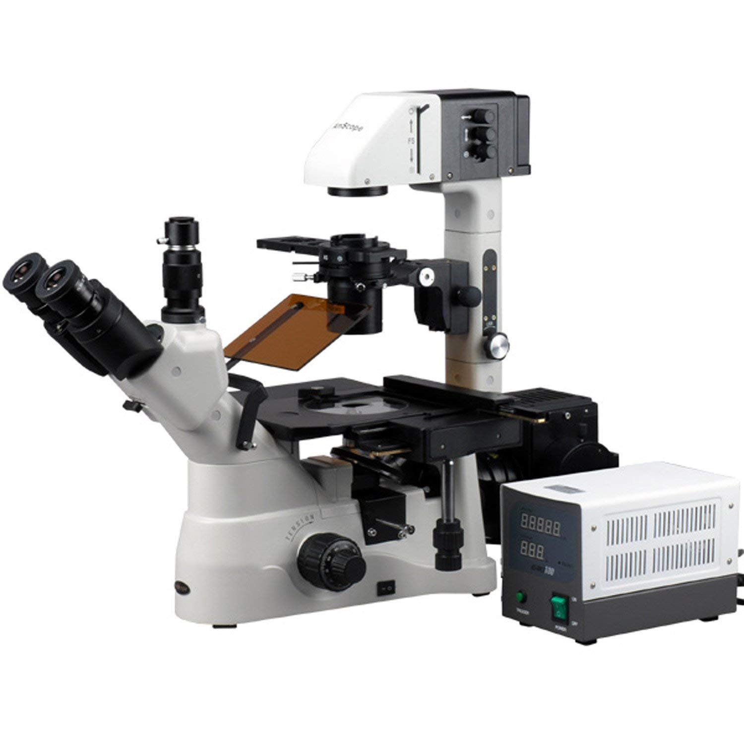 AmScope IN480TB-FL Long Working-Distance Inverted Fluorescence Trinocular Microscope, 40x-1200x, WH10x Plan and WH20x Super-Widefield Eyepieces, Brightfield and Phase-Contrast Objectives, 30W Halogen Illumination, 0.3/0.5 NA Kohler Condenser, Mechanical Stage, 90 to 240V