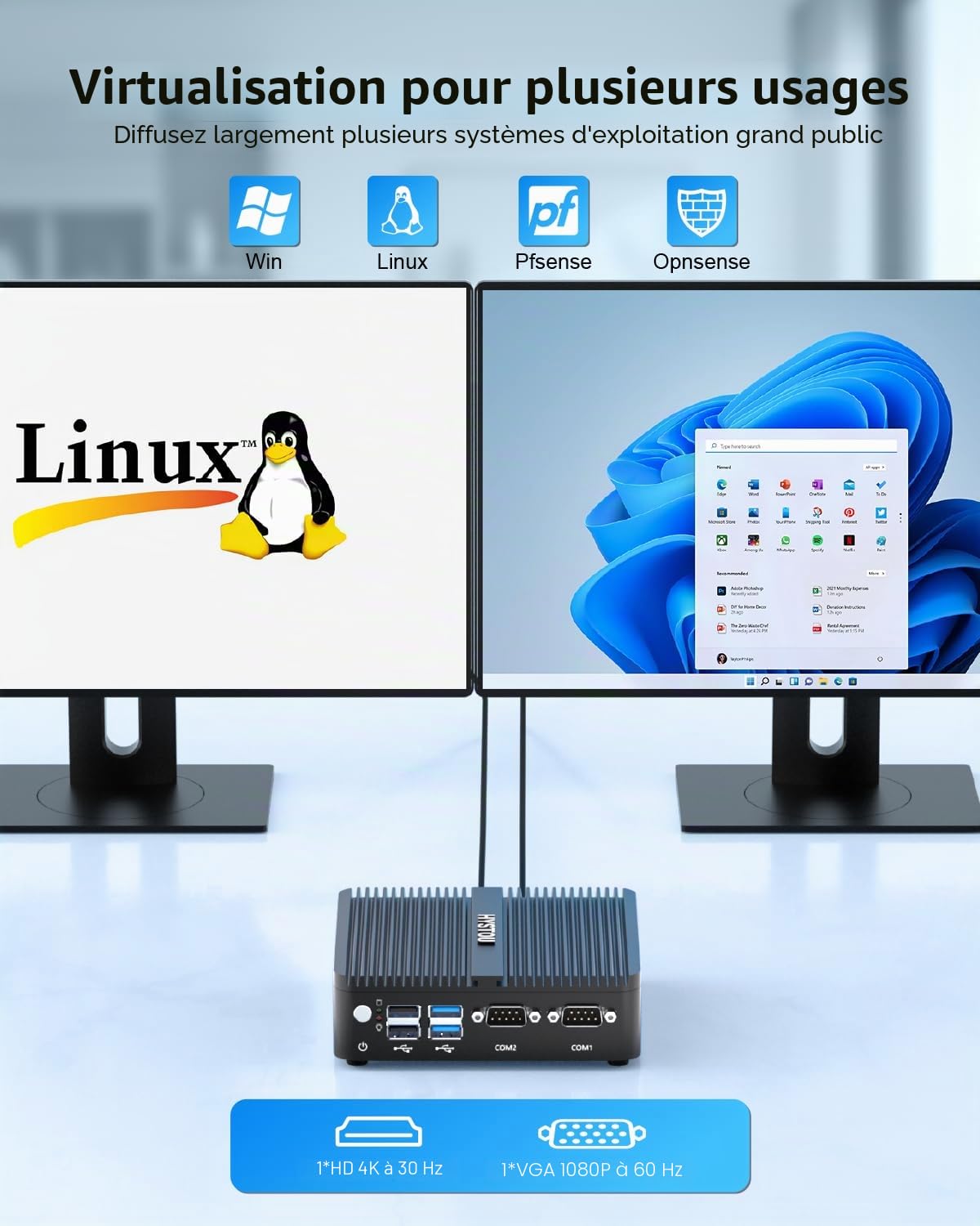 HYSTOU Mini PC Fanless Industriel 8Go de RAM 128Go SSD J5005 Fanless Mini PC per Industrial