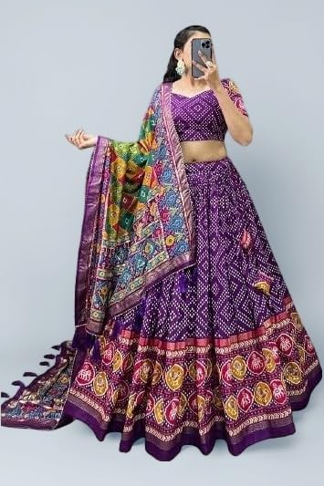 Patola Print Leheriya With Foil Work Tussar Silk Lehenga Choli