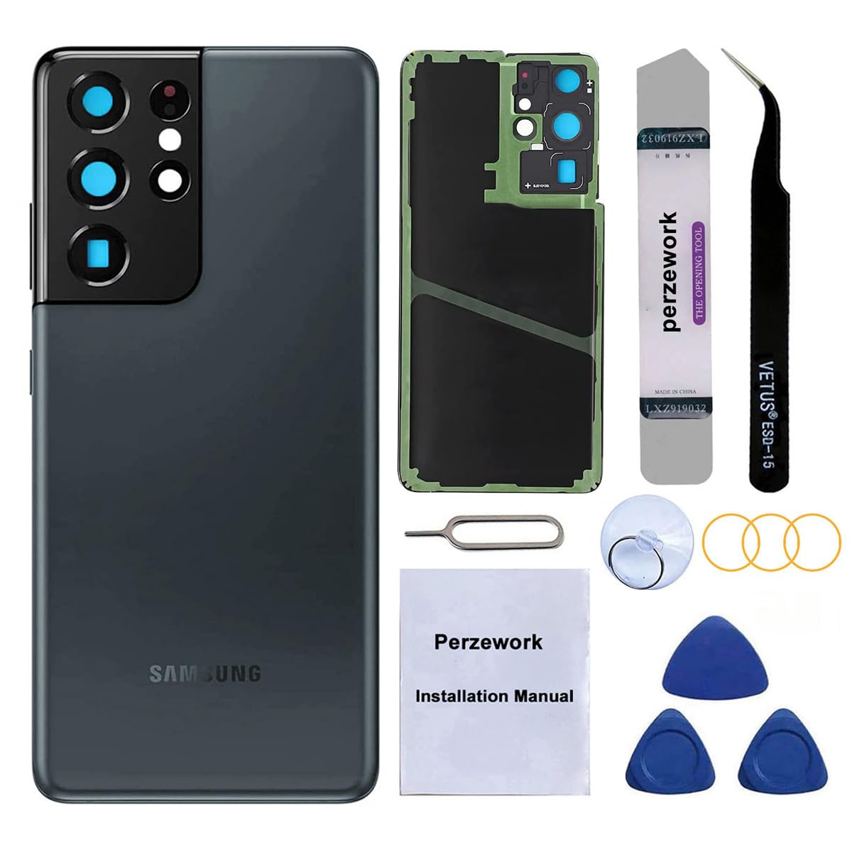 Rear Back Glass Replacement for Samsung Galaxy S21 Ultra 6.8-inches with Reparing Toolkit and Manual (Phantom Navy)