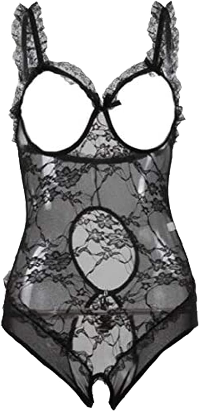 quijbroWomen's Open Cup Sexy Lingerie Pajama One-Piece Sling Underwear Bodysuit Teddy Negligee Babydoll Bustiers Corset L Black