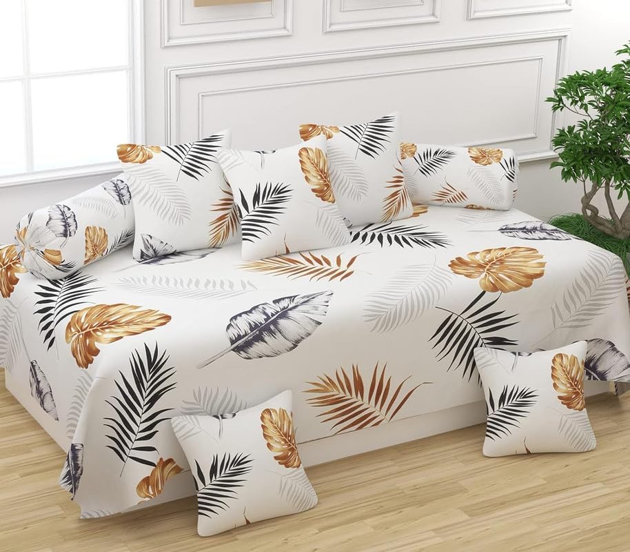NEW LEAF diwan Set for Living Room, diwan Set Covers Glace Cotton, Designer diwan Set 8 Pieces (1 Single Bedsheet, 5 Cushion Covers, 2 Bolster Covers, Color- White)-image-30