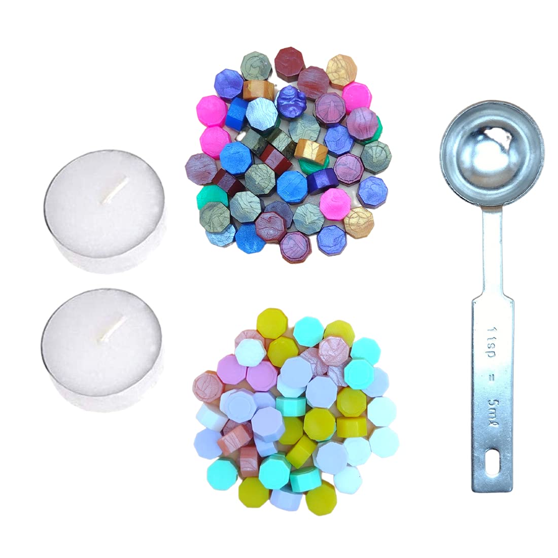 Oytra Wax Sealing Kit with 100 Wax Beads Octagon Shape, 1 Heating Spoon 5ml and 2 Candles for Stamping Seals Retro Journaling Art Craft