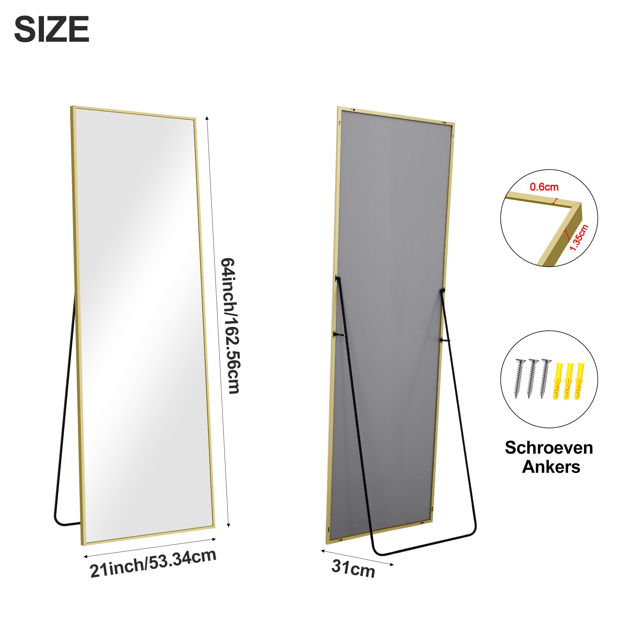 COFENY Specchio da Terra, 147 x 44 cm Specchio da Parete Grande con Cornice in Alluminio, Specchio da Terra da Appoggiare o Appendere per Soggiorno, Camera da letto, Soggiorno, Ingresso, Oro